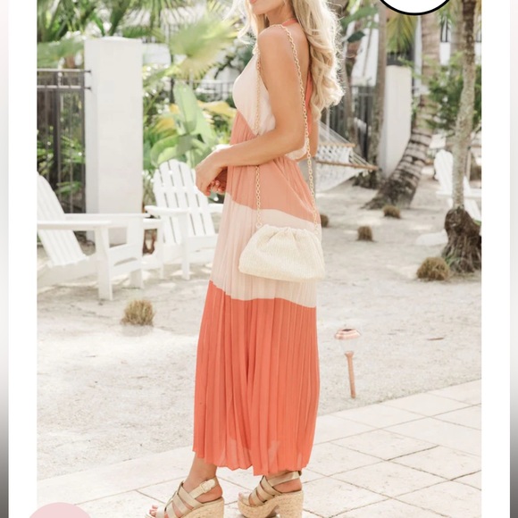 Pink Lily XS Long Weekends Terracotta Color Block Pleated Maxi Dress - Picture 2 of 5
